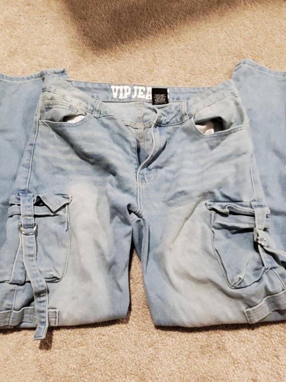 VIP Jeans Light Wash Wide Leg Cargo Jeans with Strap Details